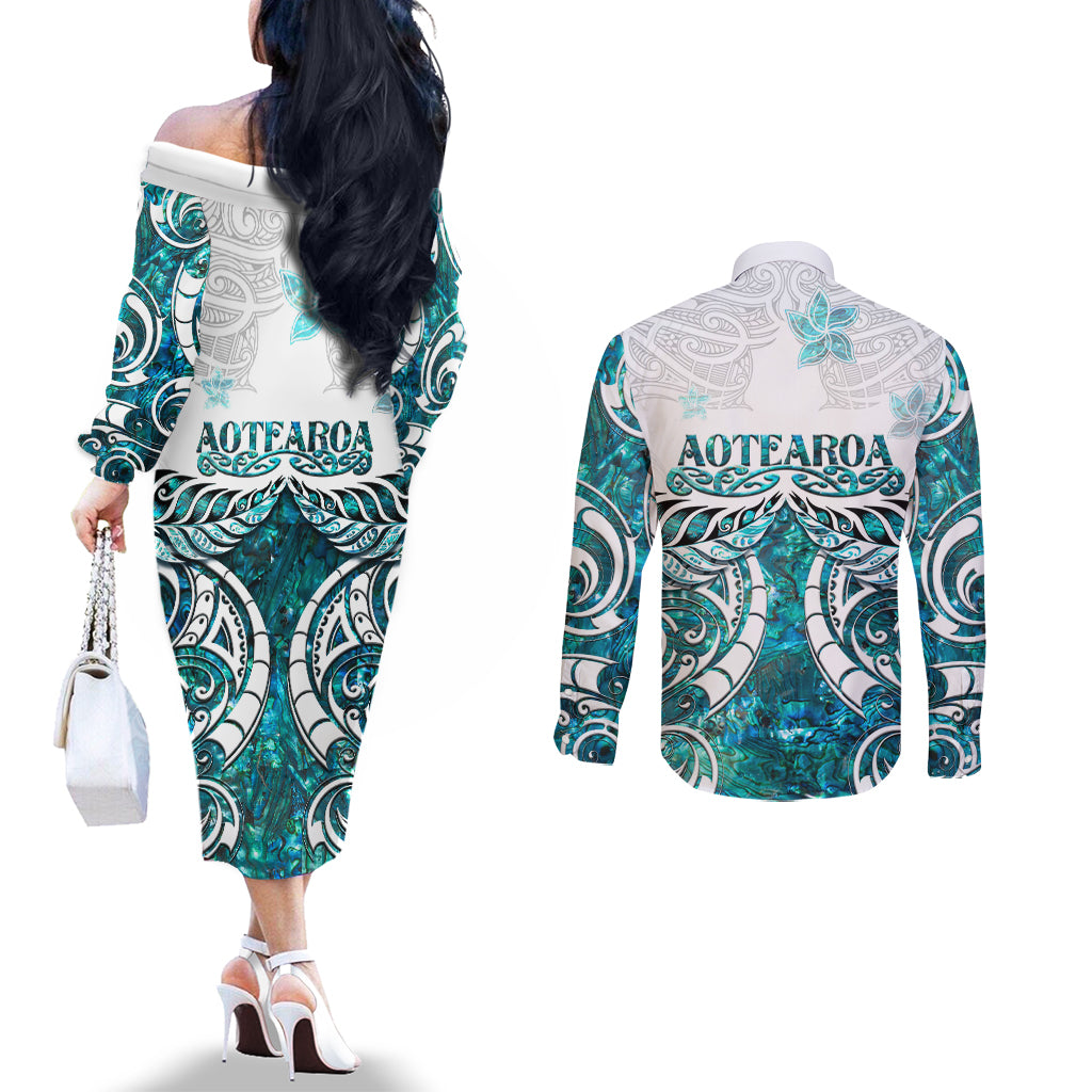New Zealand Aotearoa Kia Ora Couples Matching Off The Shoulder Long Sleeve Dress and Long Sleeve Button Shirt Paua Shell Maori Silver Fern LT05 - Polynesian Pride