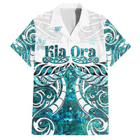 New Zealand Aotearoa Kia Ora Family Matching Off Shoulder Maxi Dress and Hawaiian Shirt Paua Shell Maori Silver Fern LT05 Dad's Shirt - Short Sleeve Turquoise - Polynesian Pride