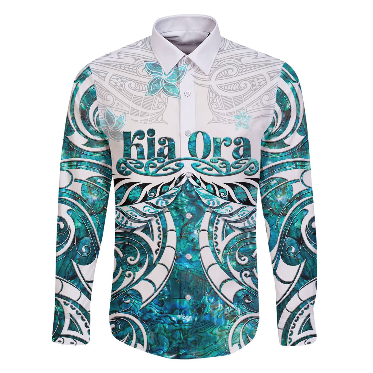 New Zealand Aotearoa Kia Ora Family Matching Off Shoulder Maxi Dress and Hawaiian Shirt Paua Shell Maori Silver Fern LT05 Dad's Shirt - Long Sleeve Turquoise - Polynesian Pride