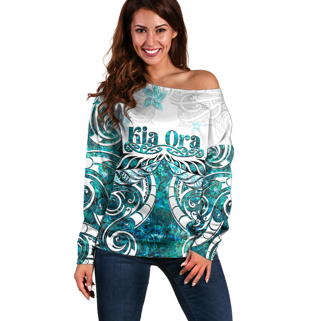 New Zealand Aotearoa Kia Ora Off Shoulder Sweater Paua Shell Maori Silver Fern LT05 Women Turquoise - Polynesian Pride