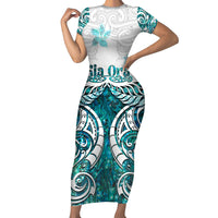 New Zealand Aotearoa Kia Ora Short Sleeve Bodycon Dress Paua Shell Maori Silver Fern LT05 Long Dress Turquoise - Polynesian Pride