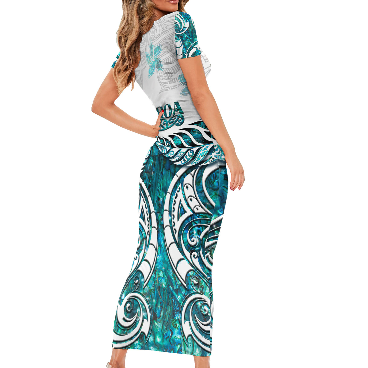 New Zealand Aotearoa Kia Ora Short Sleeve Bodycon Dress Paua Shell Maori Silver Fern LT05 - Polynesian Pride