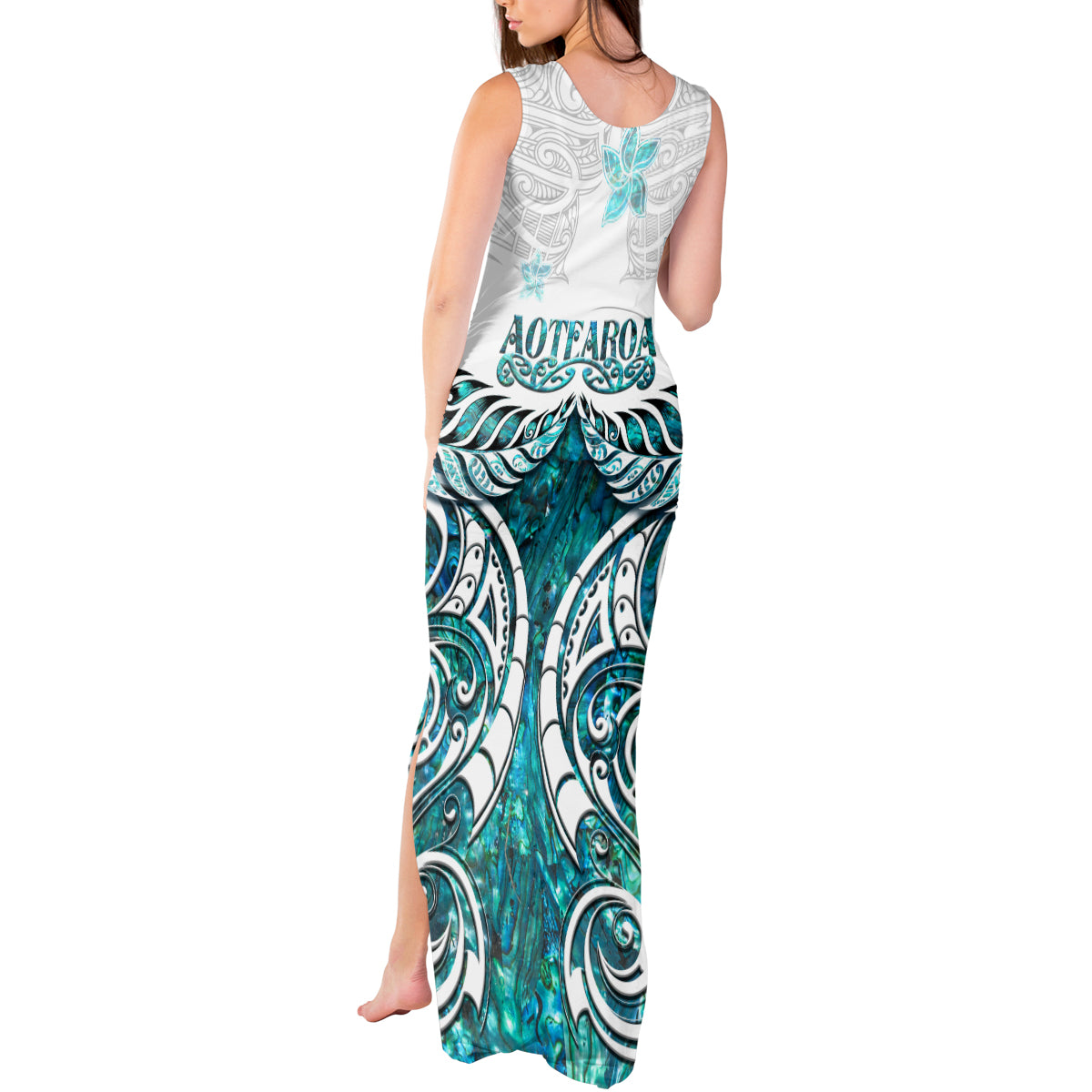 New Zealand Aotearoa Kia Ora Tank Maxi Dress Paua Shell Maori Silver Fern LT05 - Polynesian Pride