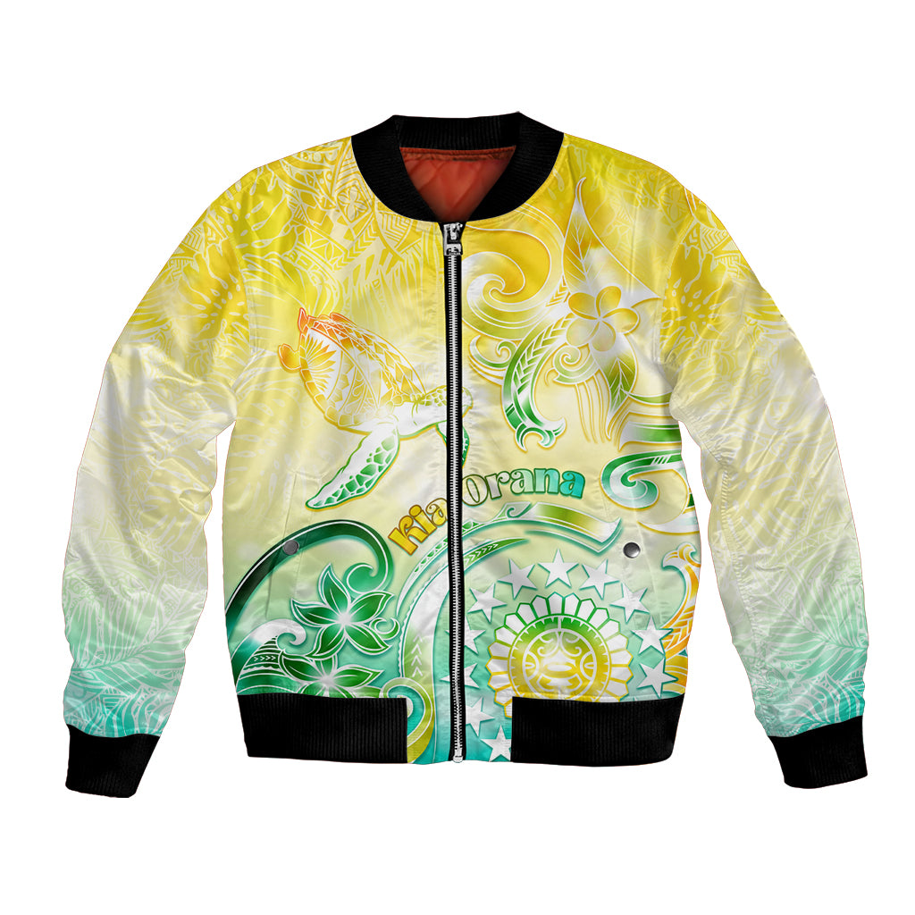 Personalised Cook Islands Kia Orana Bomber Jacket Polynesian Turtle With Circle Stars LT05 Unisex Yellow - Polynesian Pride