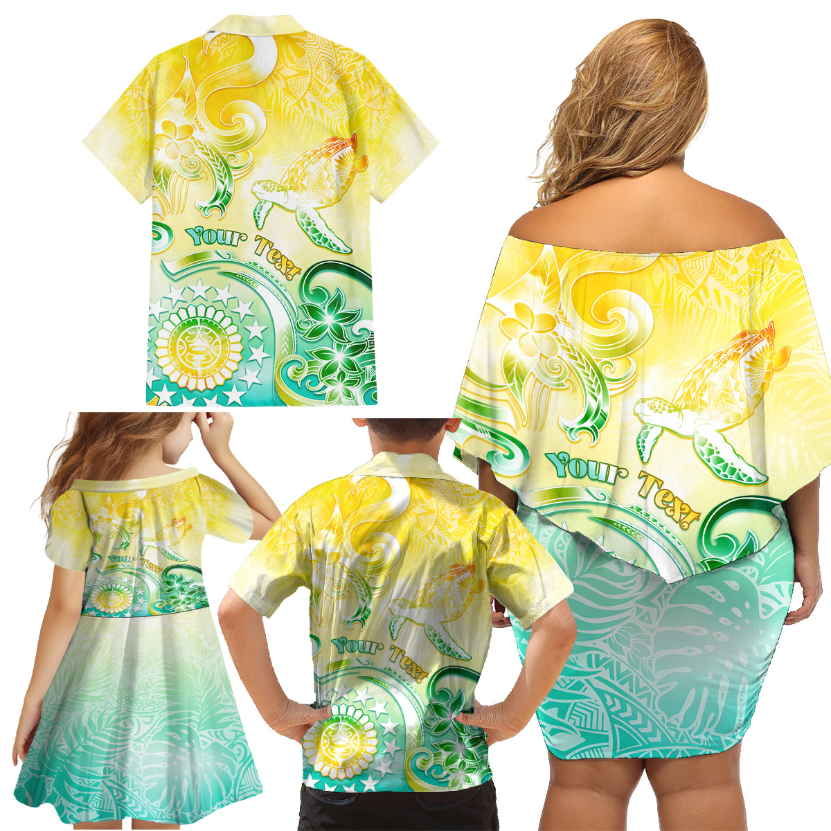 Personalised Cook Islands Kia Orana Family Matching Off Shoulder Short Dress and Hawaiian Shirt Polynesian Turtle With Circle Stars LT05 - Polynesian Pride