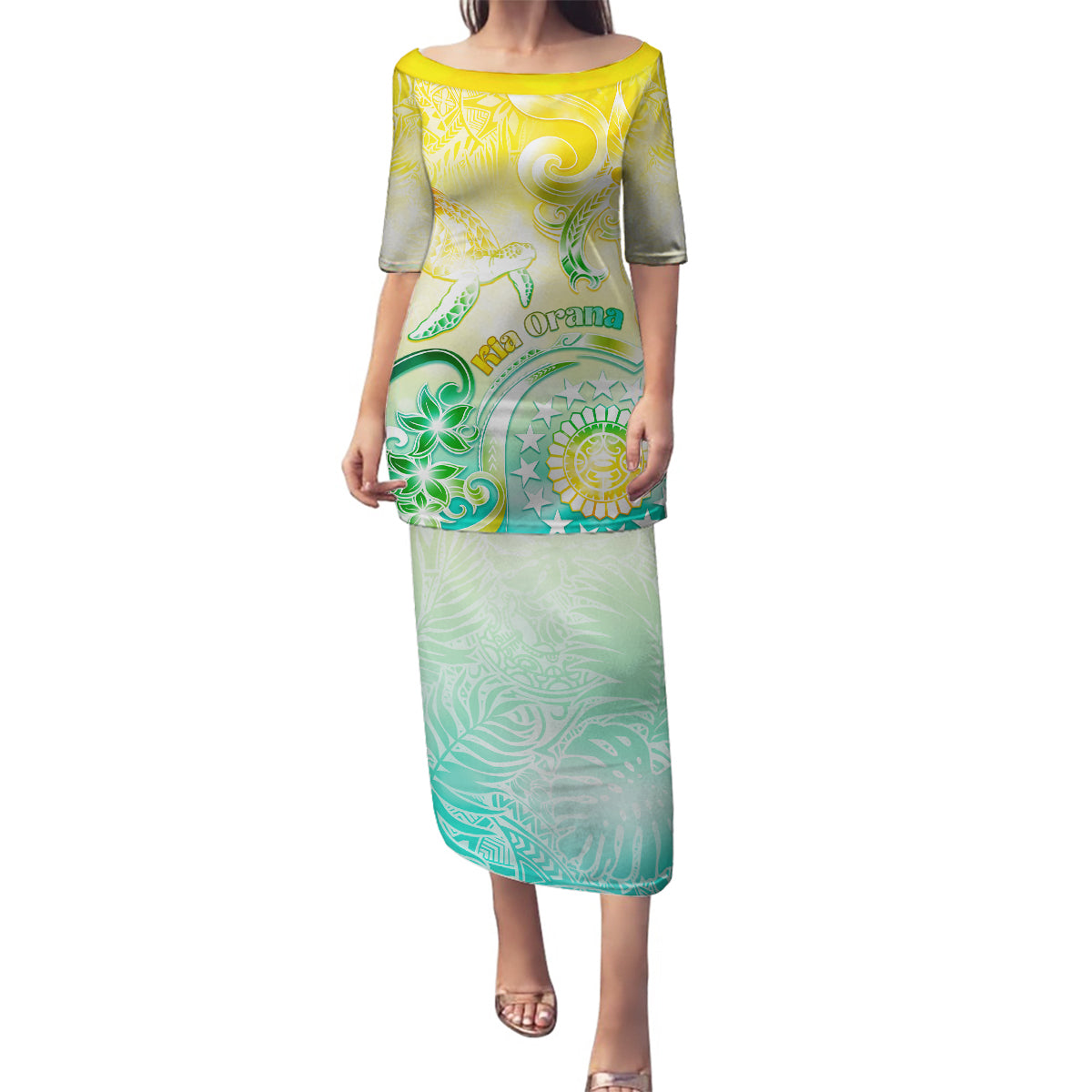 Personalised Cook Islands Kia Orana Family Matching Puletasi and Hawaiian Shirt Polynesian Turtle With Circle Stars LT05 Mom's Dress Yellow - Polynesian Pride