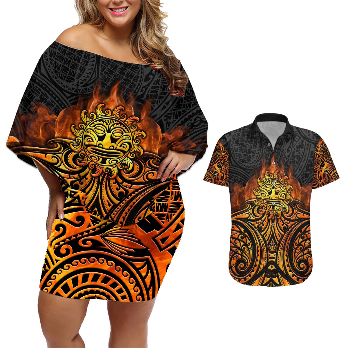 New Zealand Tamanuitera The Sun Couples Matching Off Shoulder Short Dress and Hawaiian Shirt Maori Pattern