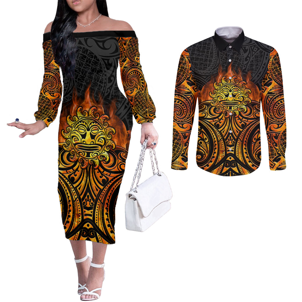 New Zealand Tamanuitera The Sun Couples Matching Off The Shoulder Long Sleeve Dress and Long Sleeve Button Shirt Maori Pattern