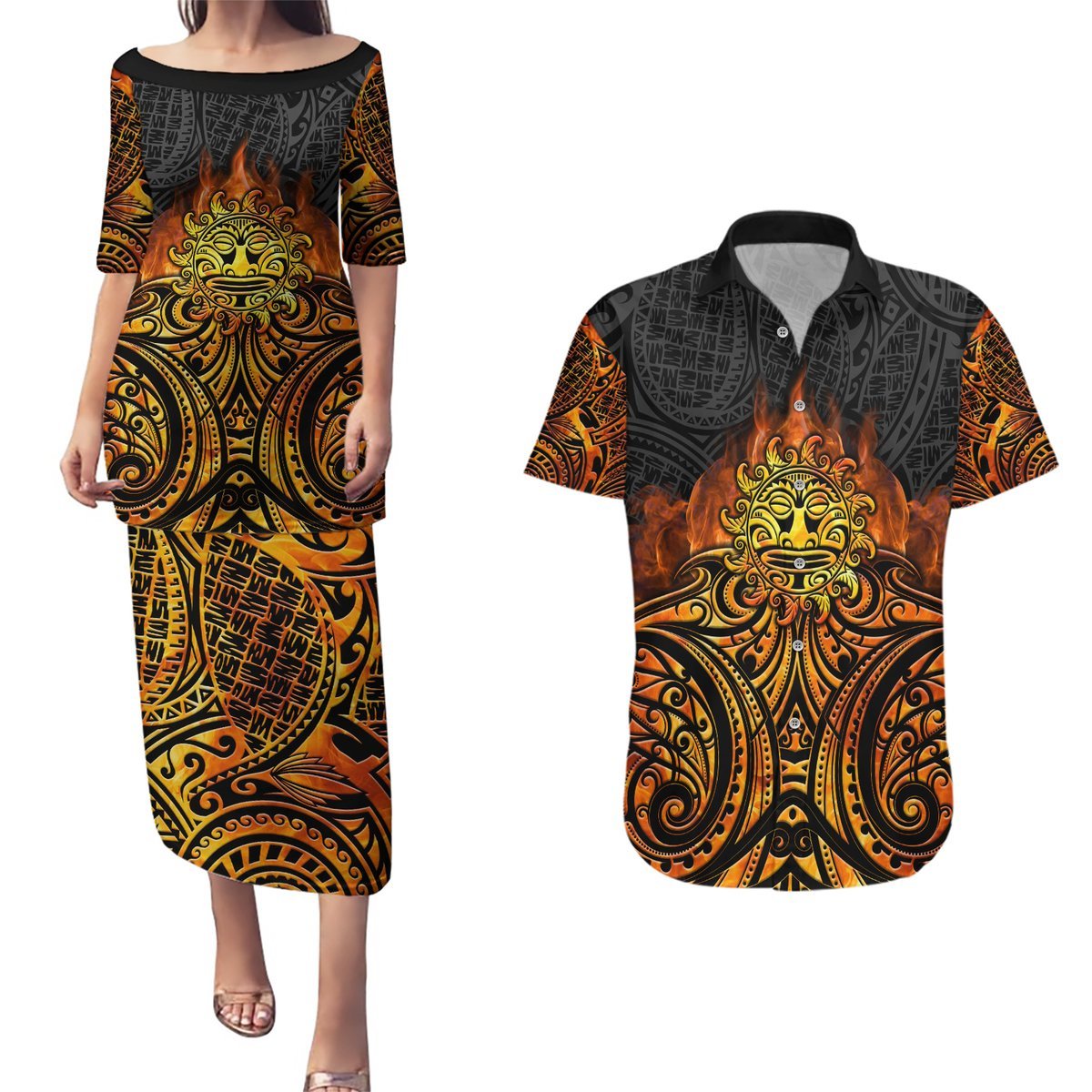 New Zealand Tamanuitera The Sun Couples Matching Puletasi and Hawaiian Shirt Maori Pattern LT05 Orange - Polynesian Pride
