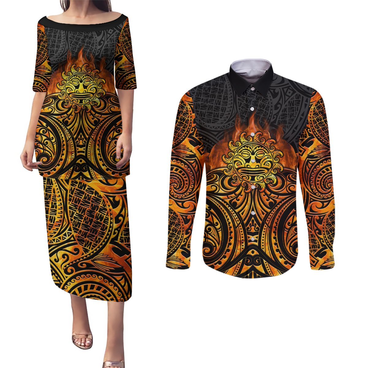 New Zealand Tamanuitera The Sun Couples Matching Puletasi and Long Sleeve Button Shirt Maori Pattern LT05 Orange - Polynesian Pride