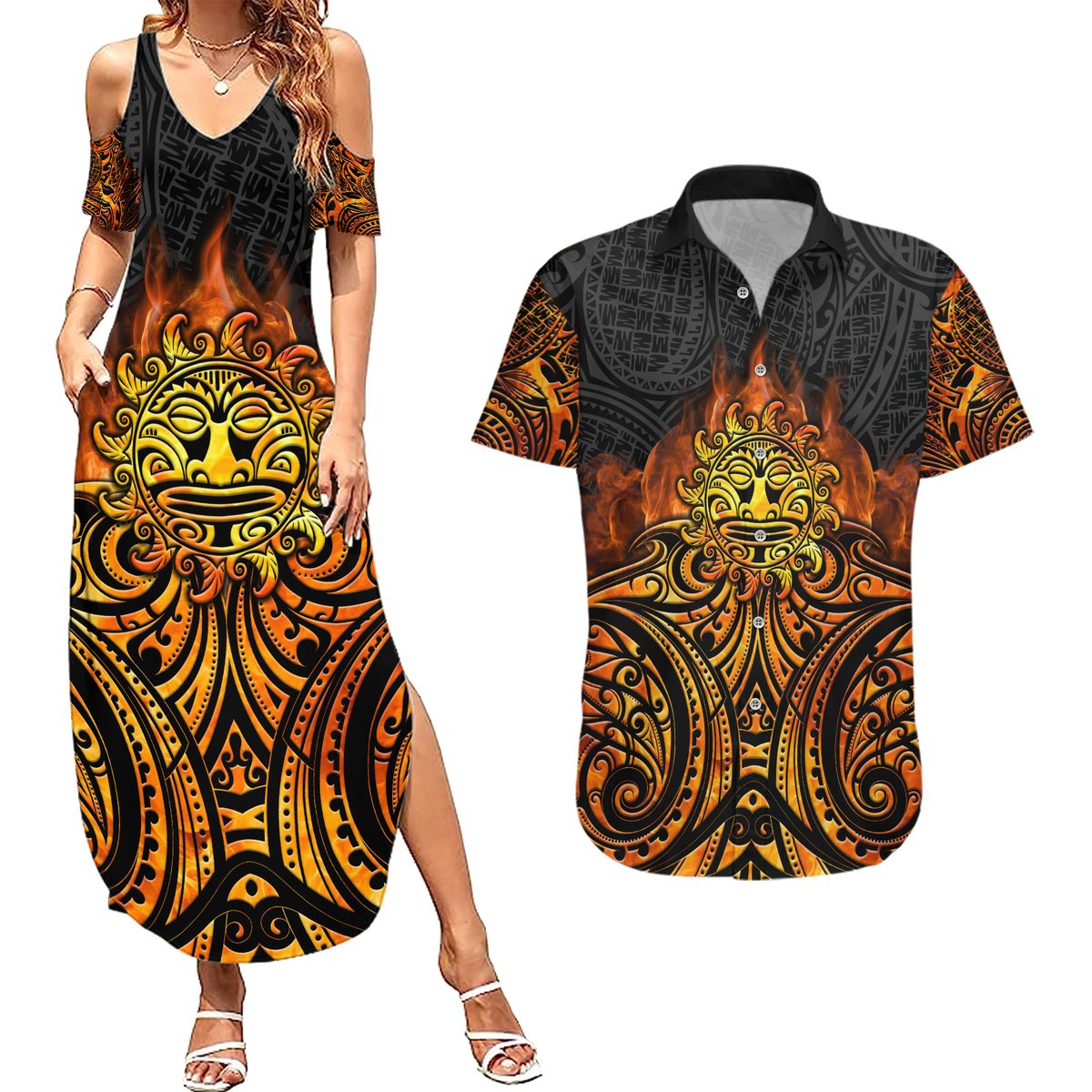 New Zealand Tamanuitera The Sun Couples Matching Summer Maxi Dress and Hawaiian Shirt Maori Pattern