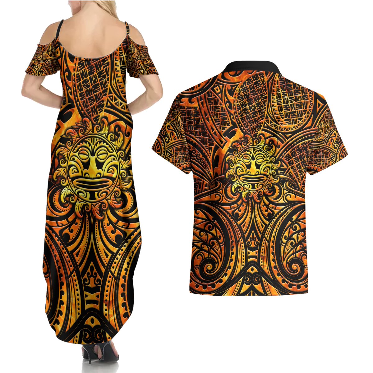 New Zealand Tamanuitera The Sun Couples Matching Summer Maxi Dress and Hawaiian Shirt Maori Pattern