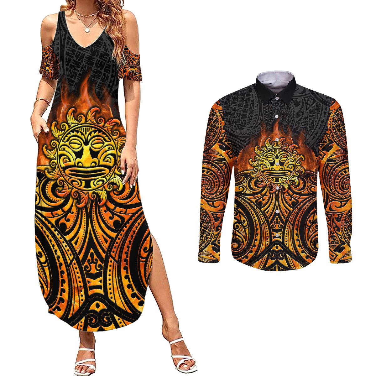 New Zealand Tamanuitera The Sun Couples Matching Summer Maxi Dress and Long Sleeve Button Shirt Maori Pattern