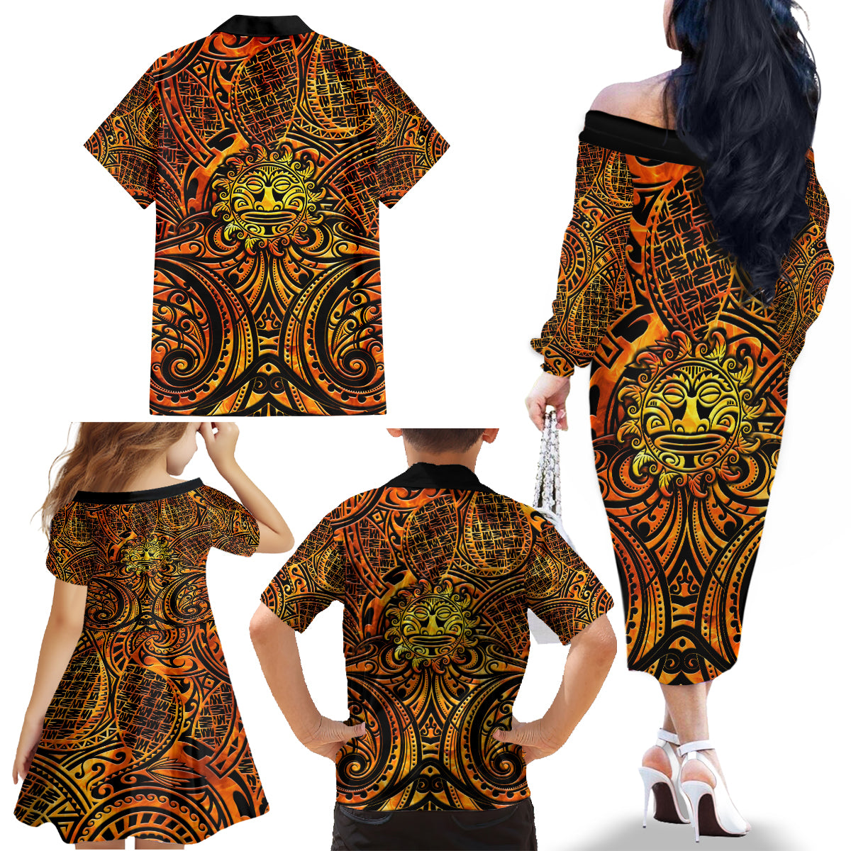 New Zealand Tamanuitera The Sun Family Matching Off The Shoulder Long Sleeve Dress and Hawaiian Shirt Maori Pattern