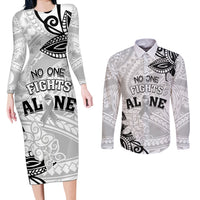 Personalised Polynesia Brain Cancer Couples Matching Long Sleeve Bodycon Dress and Long Sleeve Button Shirt No One Fights Alone