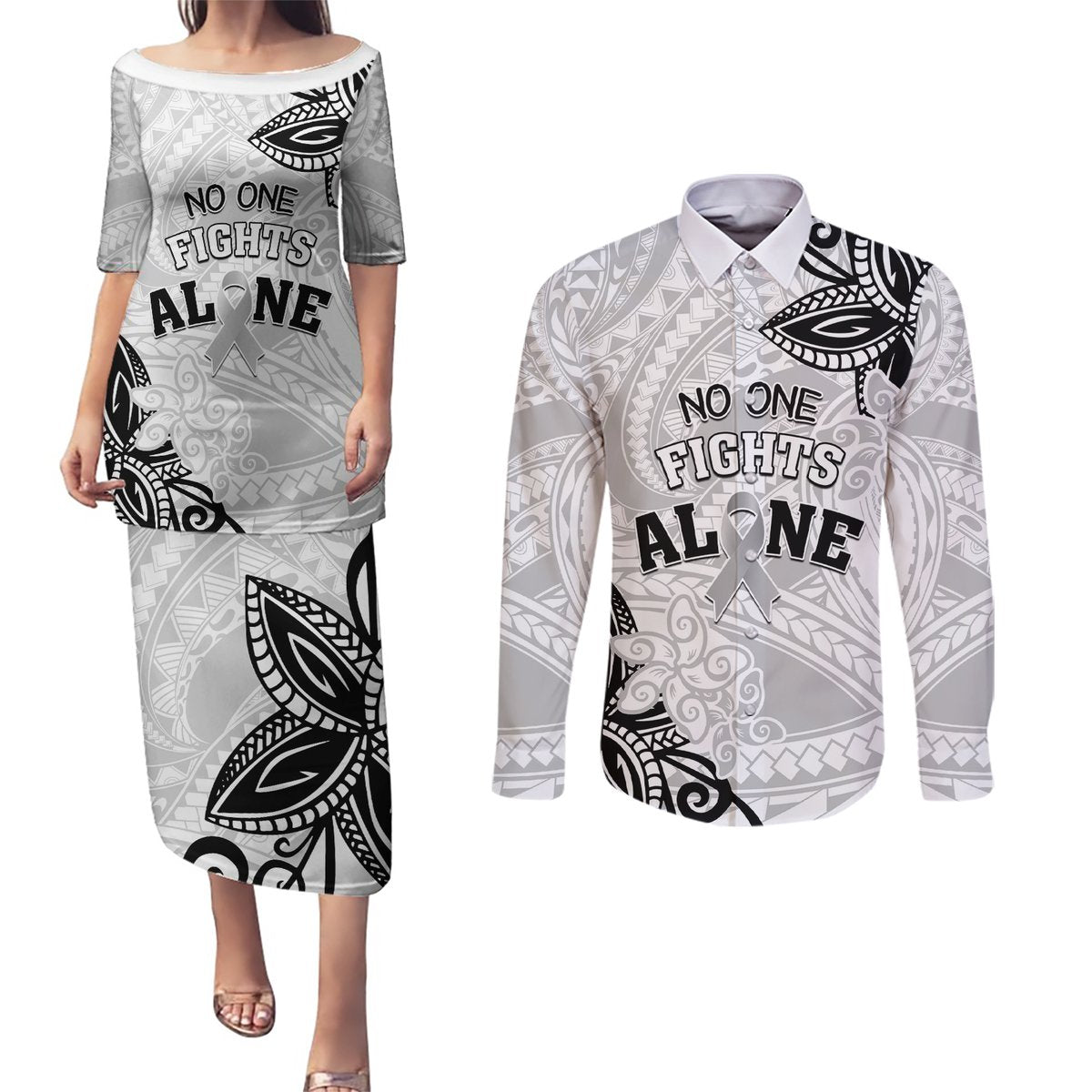 Personalised Polynesia Brain Cancer Couples Matching Puletasi and Long Sleeve Button Shirt No One Fights Alone LT05 White - Polynesian Pride