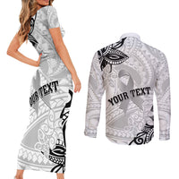 Personalised Polynesia Brain Cancer Couples Matching Short Sleeve Bodycon Dress and Long Sleeve Button Shirt No One Fights Alone