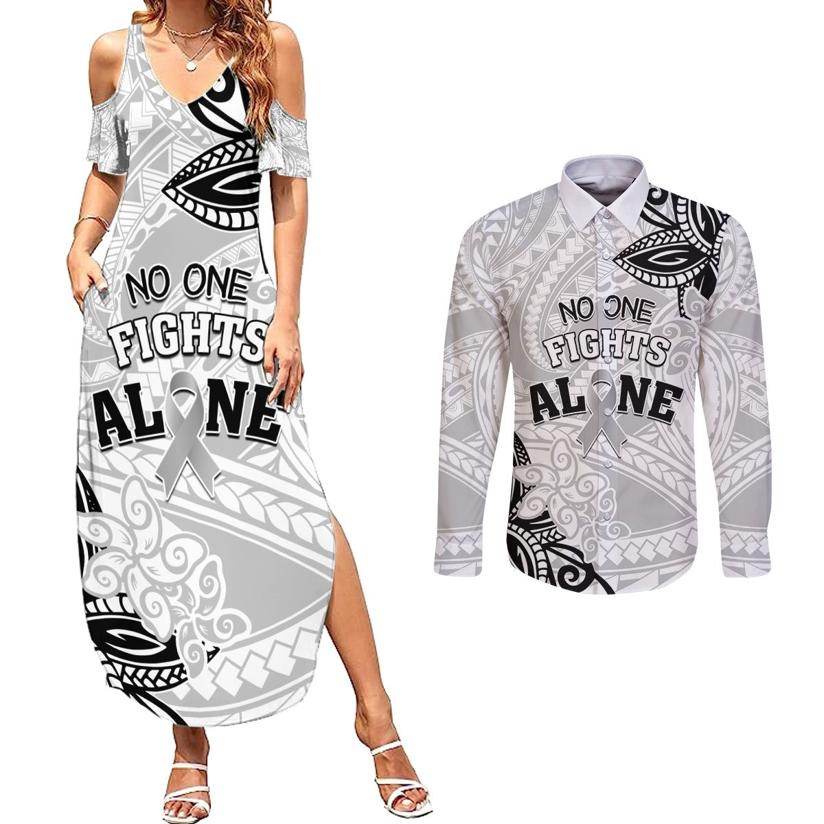 Personalised Polynesia Brain Cancer Couples Matching Summer Maxi Dress and Long Sleeve Button Shirt No One Fights Alone