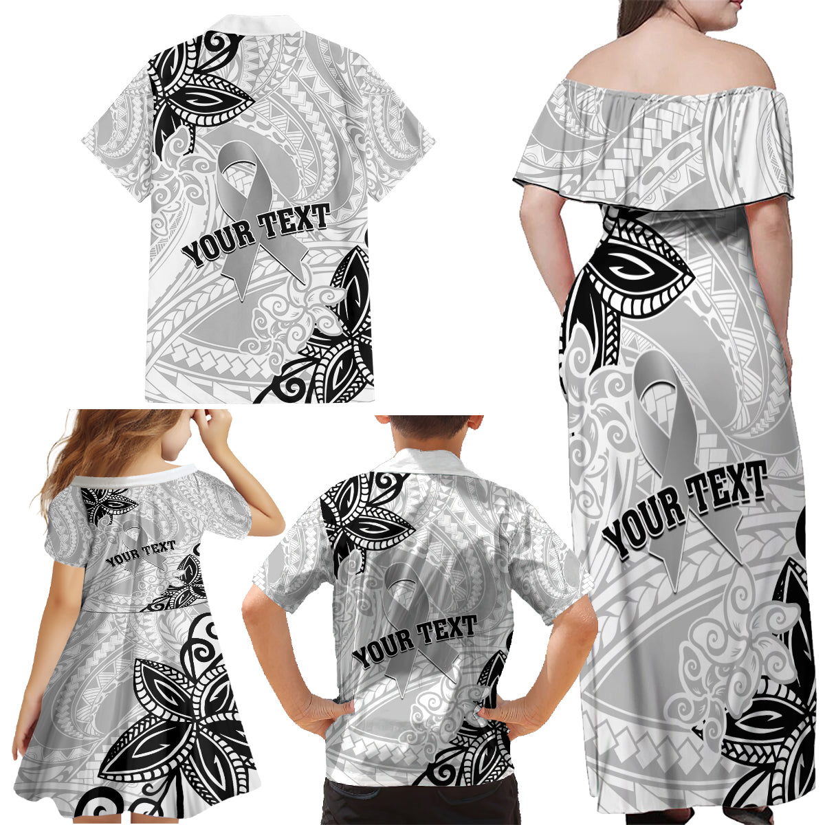 Personalised Polynesia Brain Cancer Family Matching Off Shoulder Maxi Dress and Hawaiian Shirt No One Fights Alone