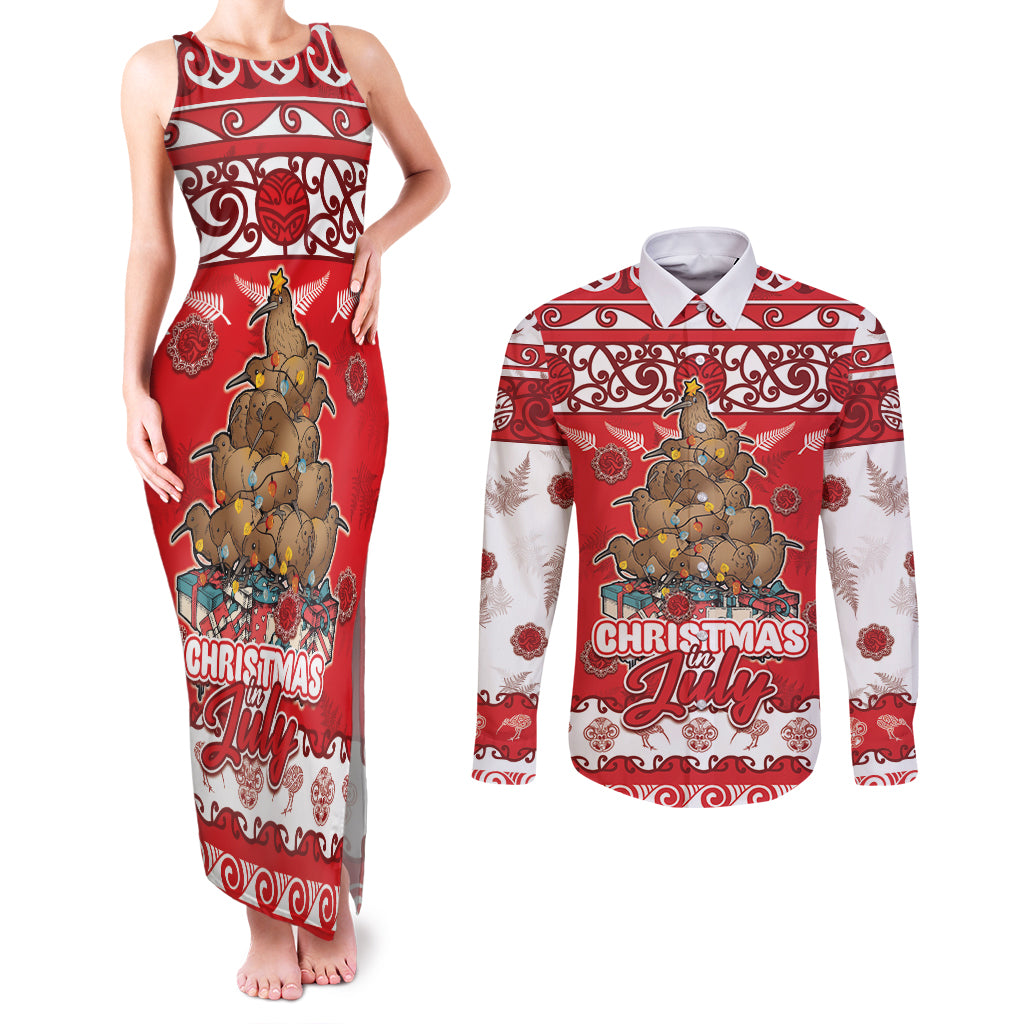 Personalised New Zealand Christmas In July Couples Matching Tank Maxi Dress and Long Sleeve Button Shirt Maori Kiwi Xmas Tree - Red