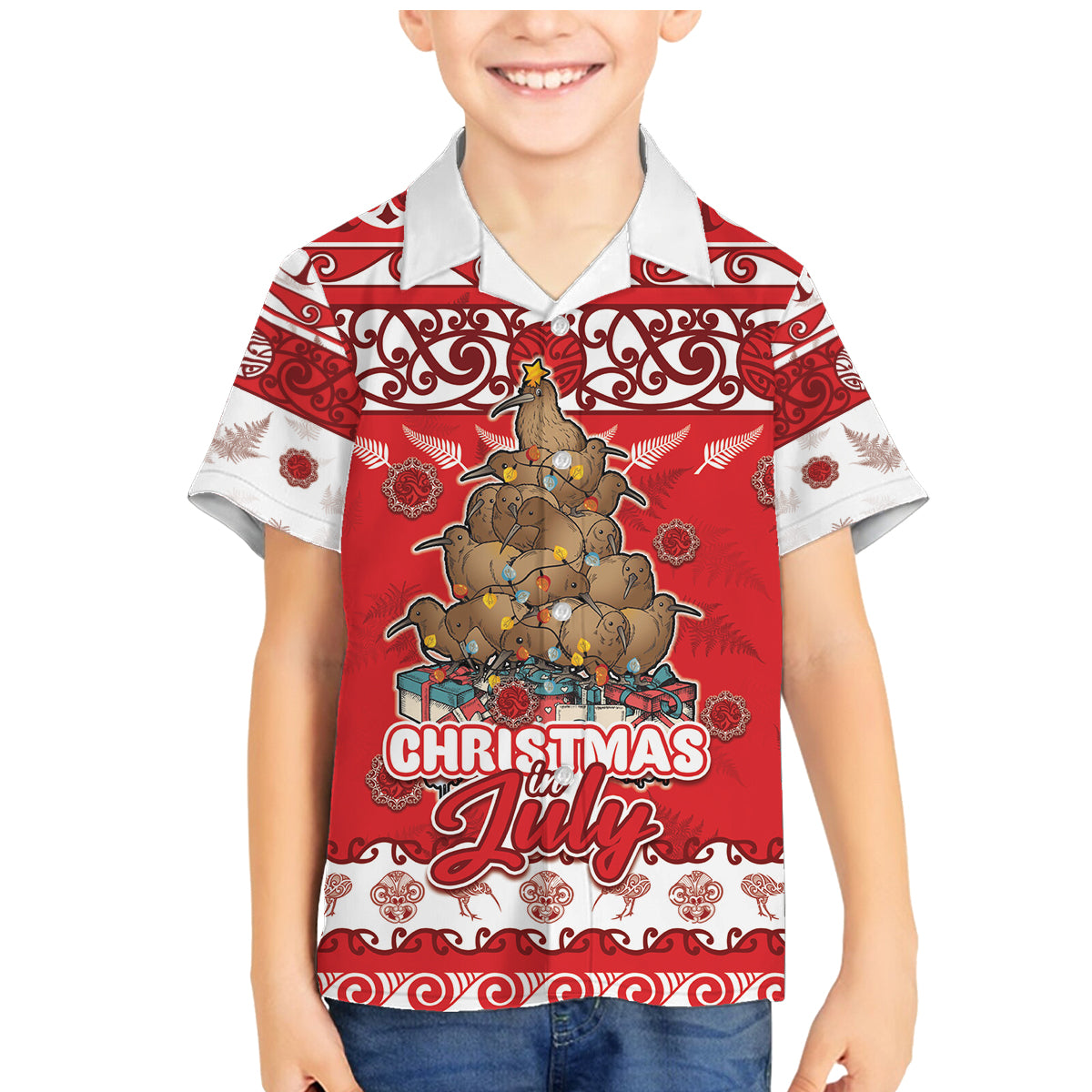 Personalised New Zealand Christmas In July Family Matching Mermaid Dress and Hawaiian Shirt Maori Kiwi Xmas Tree - Red