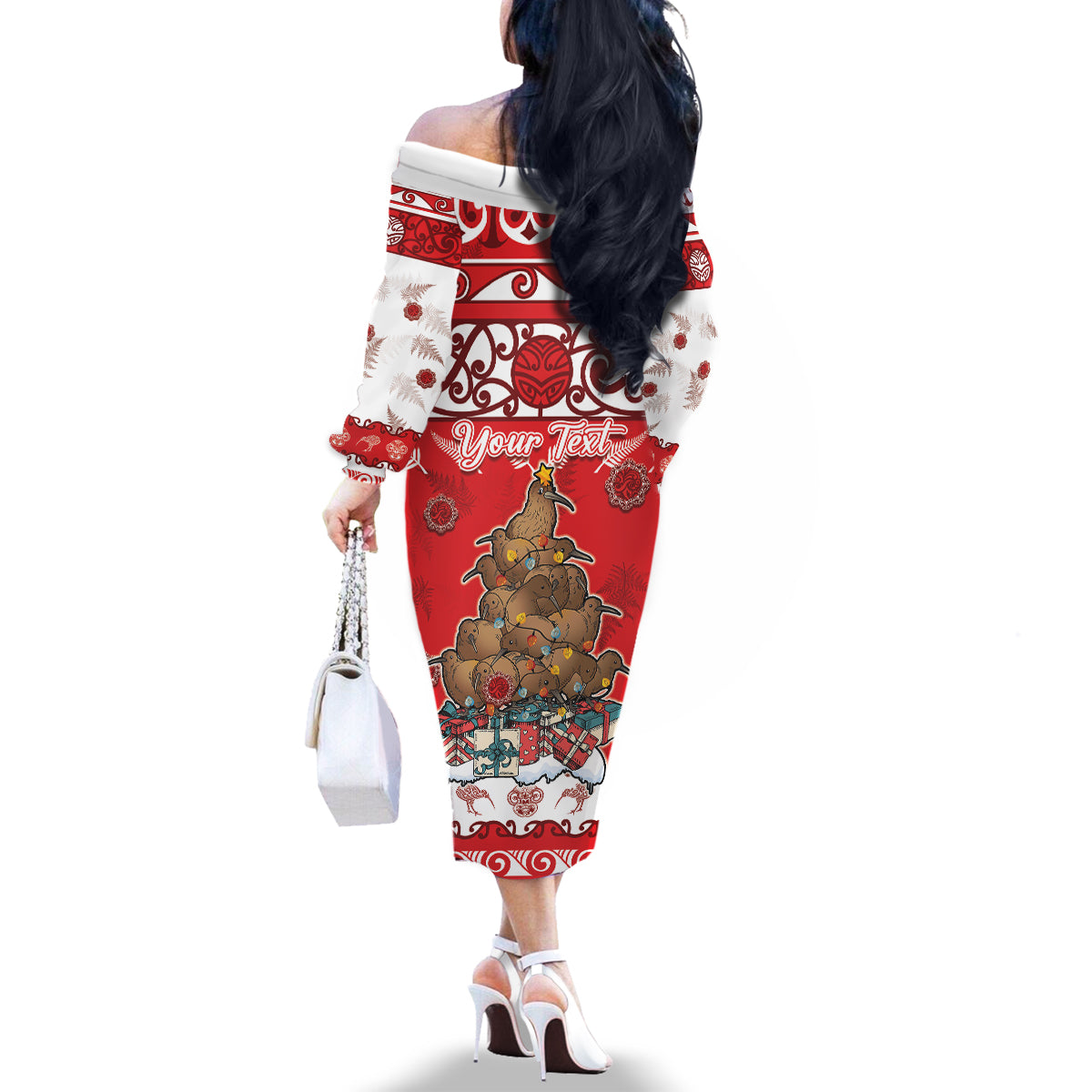 Personalised New Zealand Christmas In July Family Matching Off The Shoulder Long Sleeve Dress and Hawaiian Shirt Maori Kiwi Xmas Tree - Red