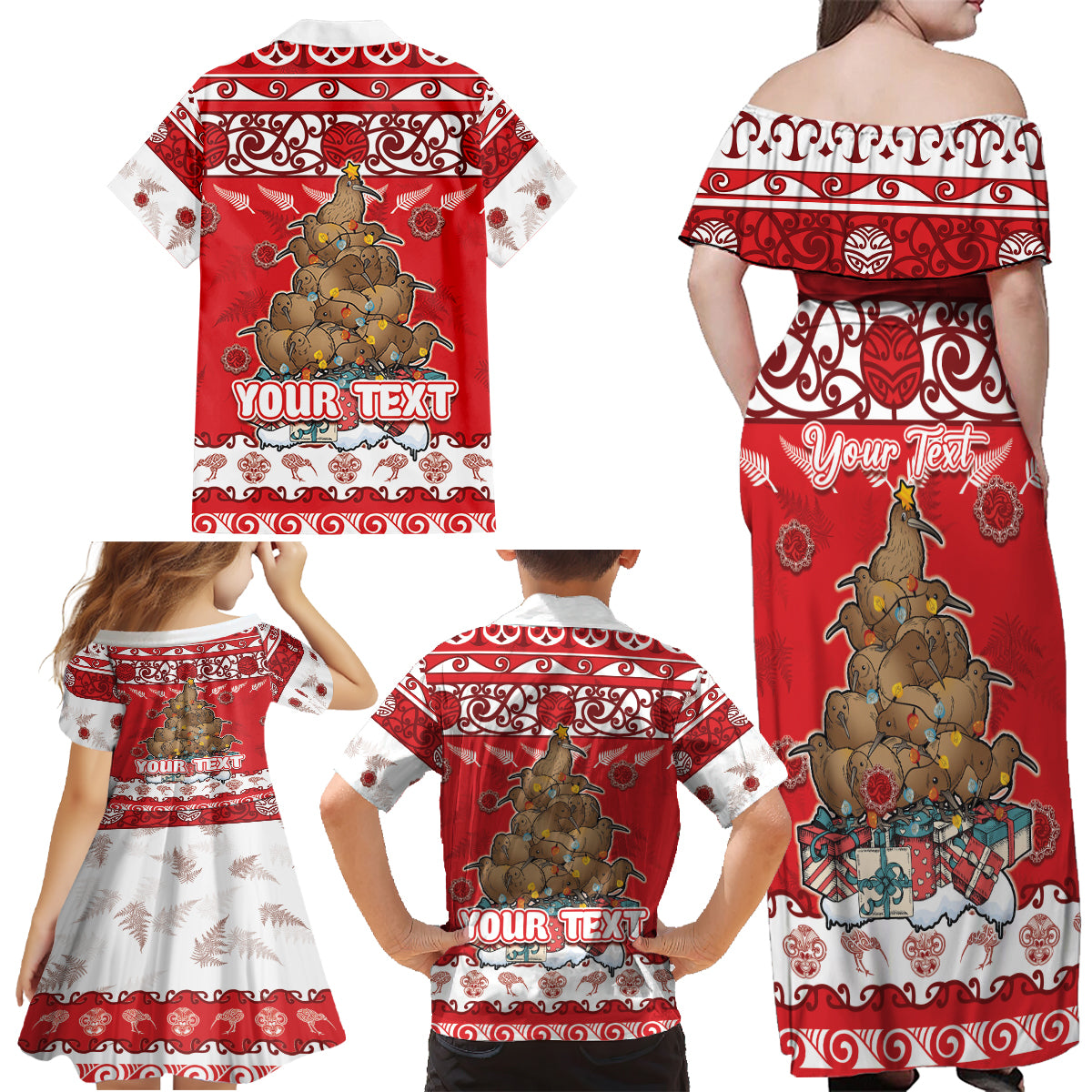 Personalised New Zealand Christmas In July Family Matching Off Shoulder Maxi Dress and Hawaiian Shirt Maori Kiwi Xmas Tree - Red