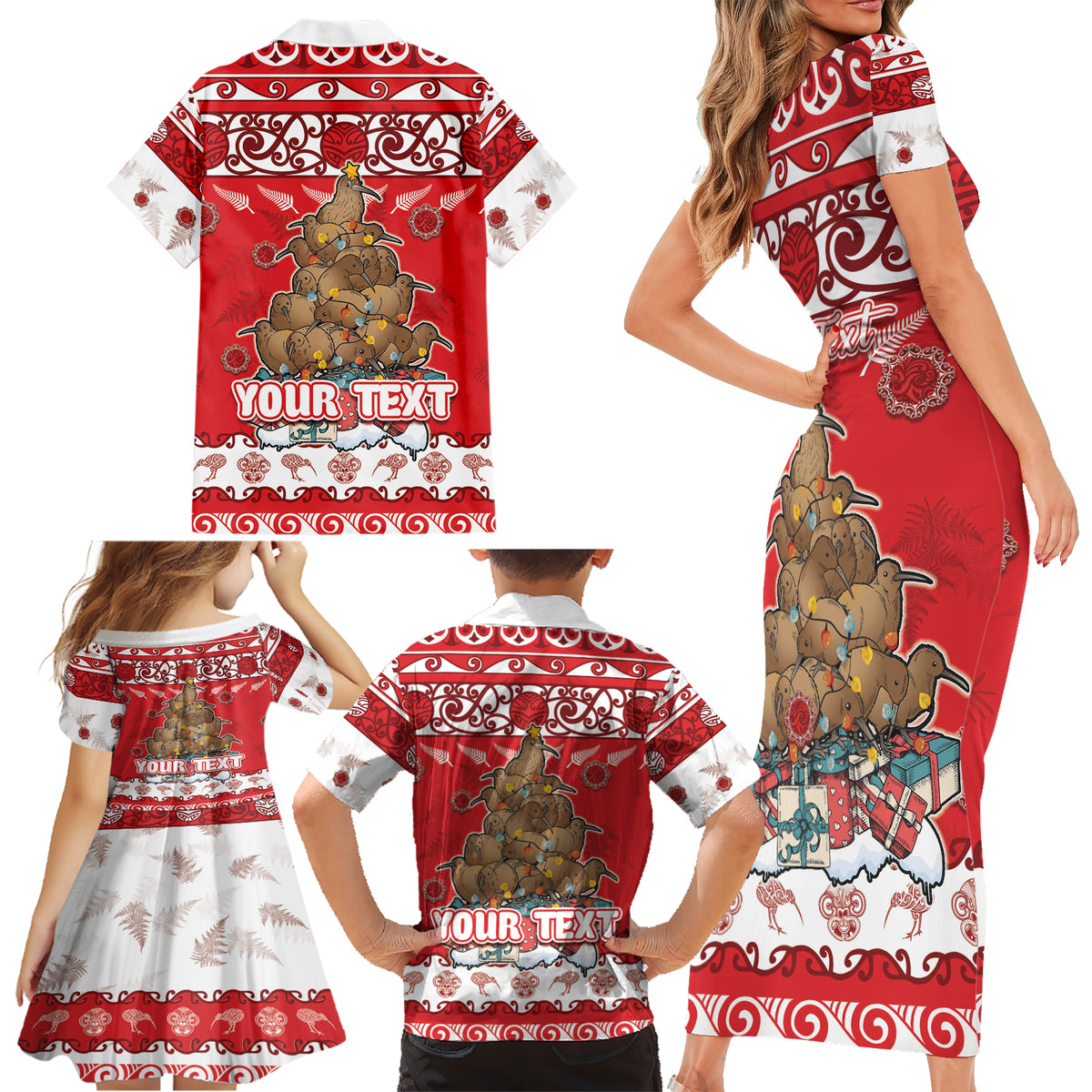 Personalised New Zealand Christmas In July Family Matching Short Sleeve Bodycon Dress and Hawaiian Shirt Maori Kiwi Xmas Tree - Red