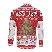 Personalised New Zealand Christmas In July Long Sleeve Button Shirt Maori Kiwi Xmas Tree - Red