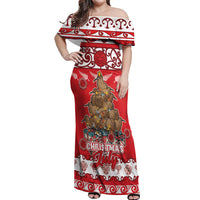 Personalised New Zealand Christmas In July Off Shoulder Maxi Dress Maori Kiwi Xmas Tree - Red