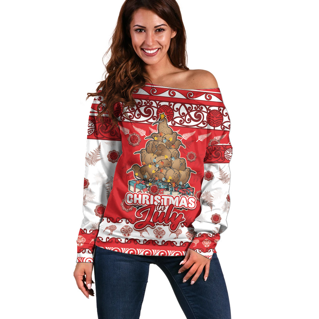 Personalised New Zealand Christmas In July Off Shoulder Sweater Maori Kiwi Xmas Tree - Red