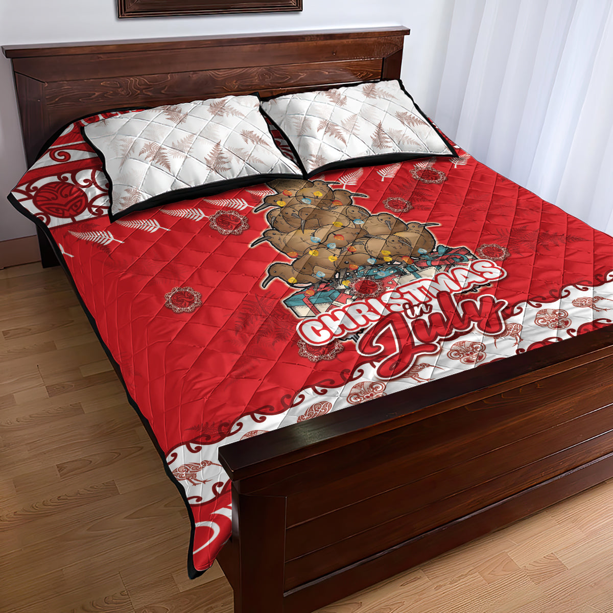 New Zealand Christmas In July Quilt Bed Set Maori Kiwi Xmas Tree - Red