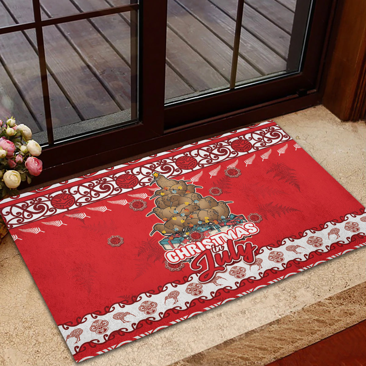 New Zealand Christmas In July Rubber Doormat Maori Kiwi Xmas Tree - Red