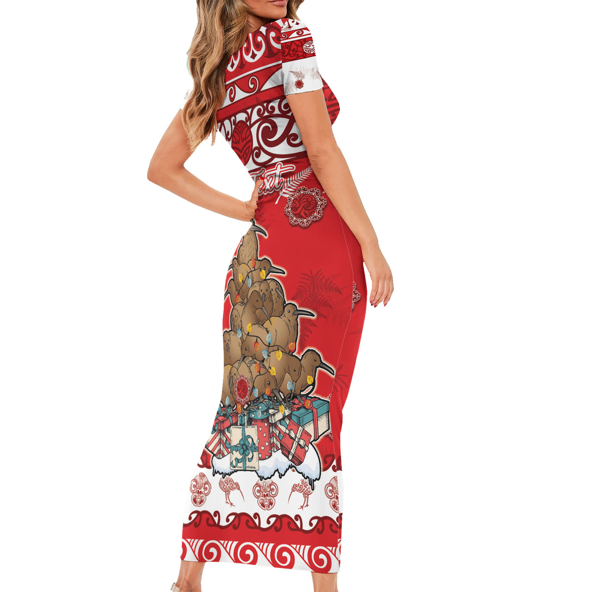 Personalised New Zealand Christmas In July Short Sleeve Bodycon Dress Maori Kiwi Xmas Tree - Red