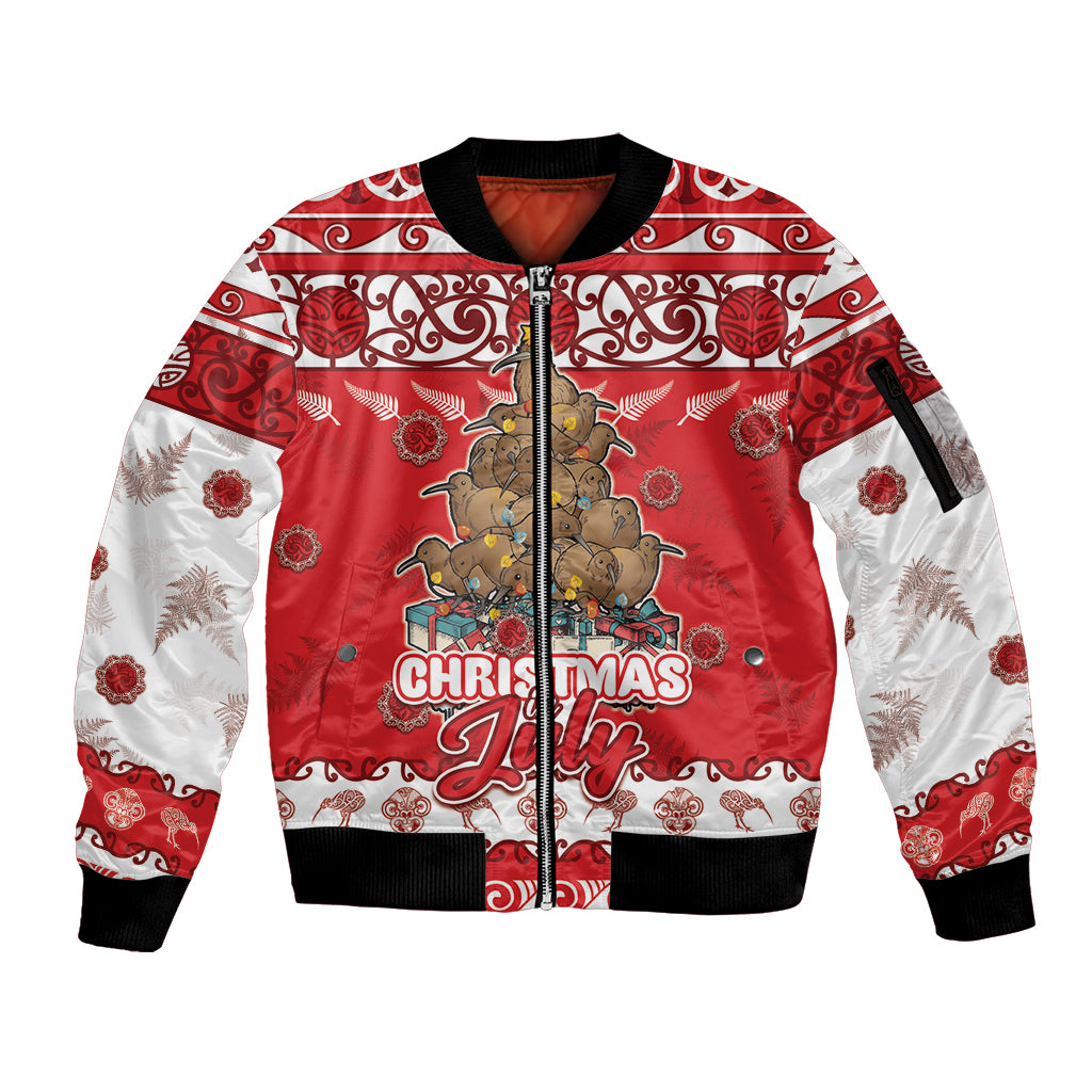 Personalised New Zealand Christmas In July Sleeve Zip Bomber Jacket Maori Kiwi Xmas Tree - Red