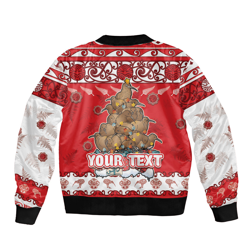 Personalised New Zealand Christmas In July Sleeve Zip Bomber Jacket Maori Kiwi Xmas Tree - Red