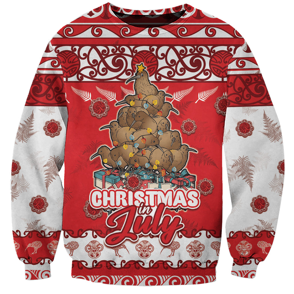 Personalised New Zealand Christmas In July Sweatshirt Maori Kiwi Xmas Tree - Red