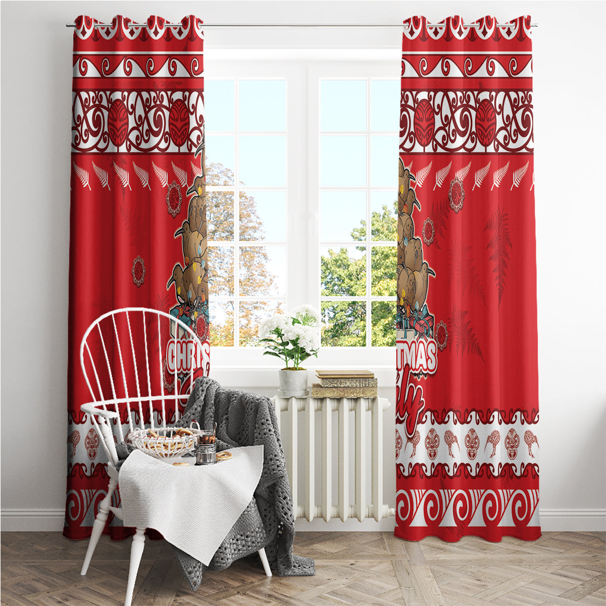 New Zealand Christmas In July Window Curtain Maori Kiwi Xmas Tree - Red