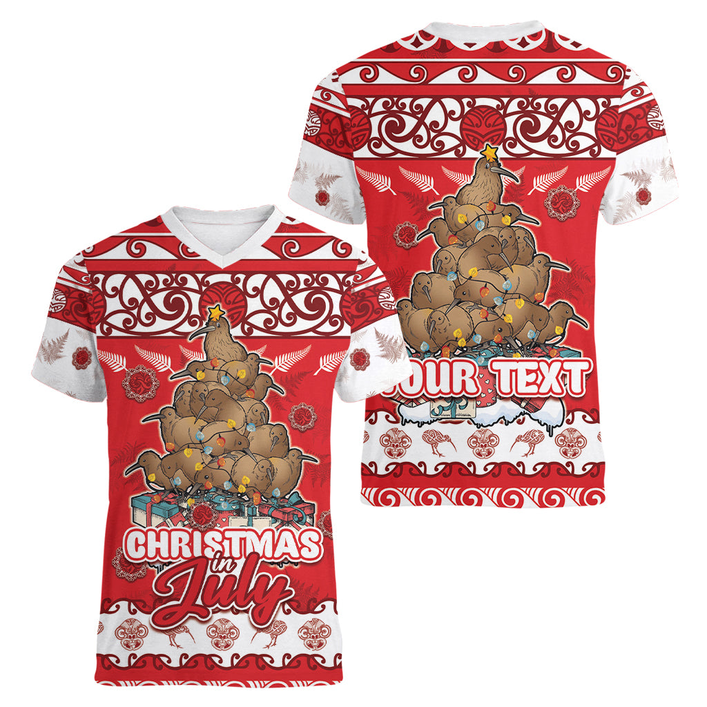 Personalised New Zealand Christmas In July Women V-Neck T-Shirt Maori Kiwi Xmas Tree - Red