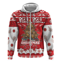 Personalised New Zealand Christmas In July Zip Hoodie Maori Kiwi Xmas Tree - Red