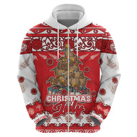 Personalised New Zealand Christmas In July Zip Hoodie Maori Kiwi Xmas Tree - Red