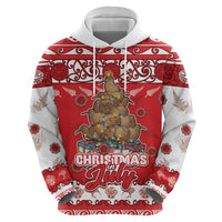 Personalised New Zealand Christmas In July Zip Hoodie Maori Kiwi Xmas Tree - Red
