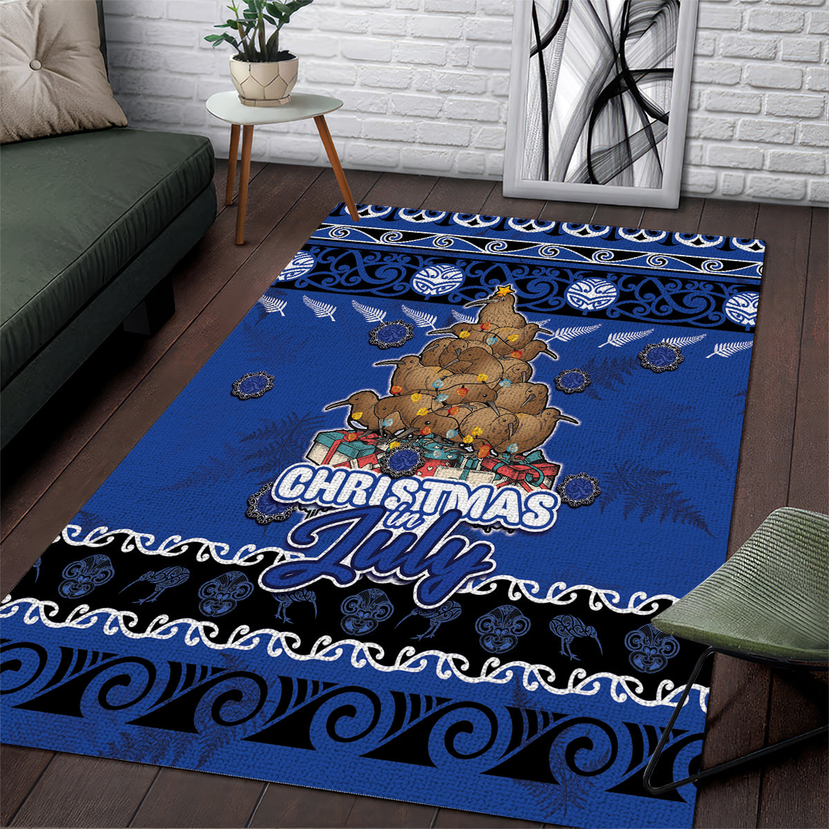New Zealand July Christmas Area Rug Maori Kiwi Xmas Tree - Blue