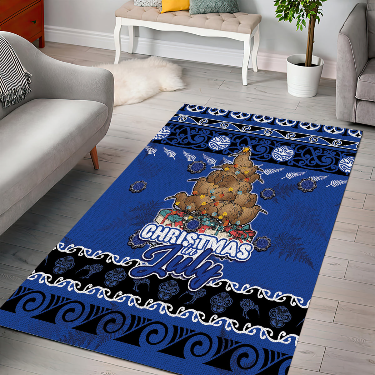 New Zealand July Christmas Area Rug Maori Kiwi Xmas Tree - Blue