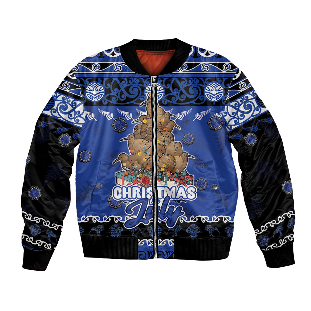 Personalised New Zealand July Christmas Bomber Jacket Maori Kiwi Xmas Tree - Blue