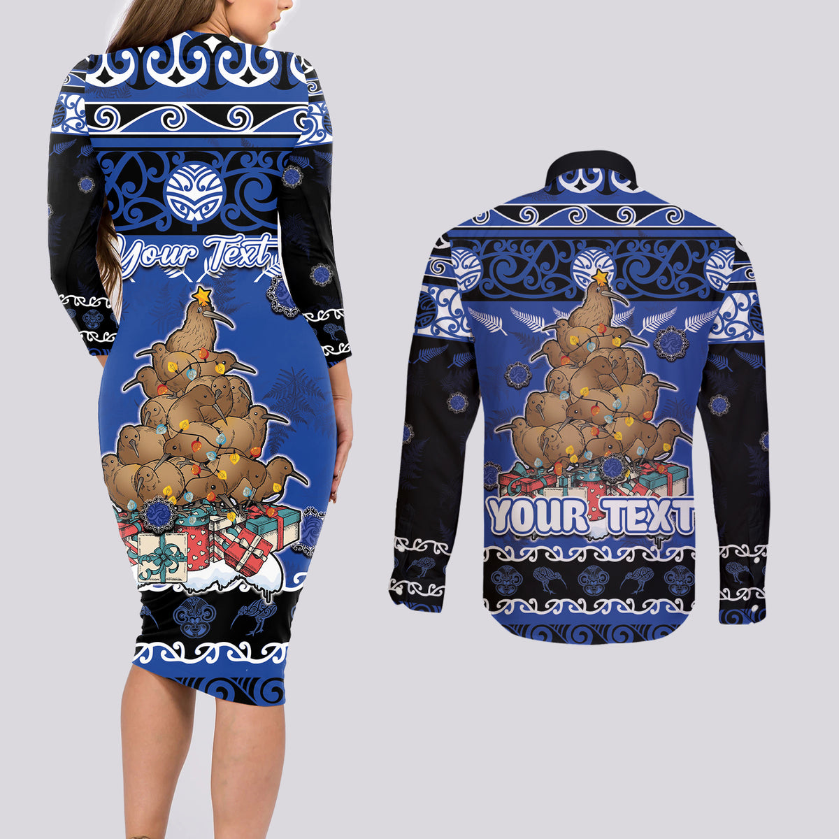 Personalised New Zealand July Christmas Couples Matching Long Sleeve Bodycon Dress and Long Sleeve Button Shirt Maori Kiwi Xmas Tree - Blue