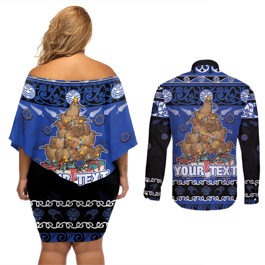 Personalised New Zealand July Christmas Couples Matching Off Shoulder Short Dress and Long Sleeve Button Shirt Maori Kiwi Xmas Tree - Blue