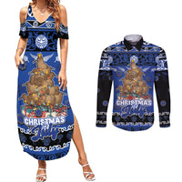Personalised New Zealand July Christmas Couples Matching Summer Maxi Dress and Long Sleeve Button Shirt Maori Kiwi Xmas Tree - Blue