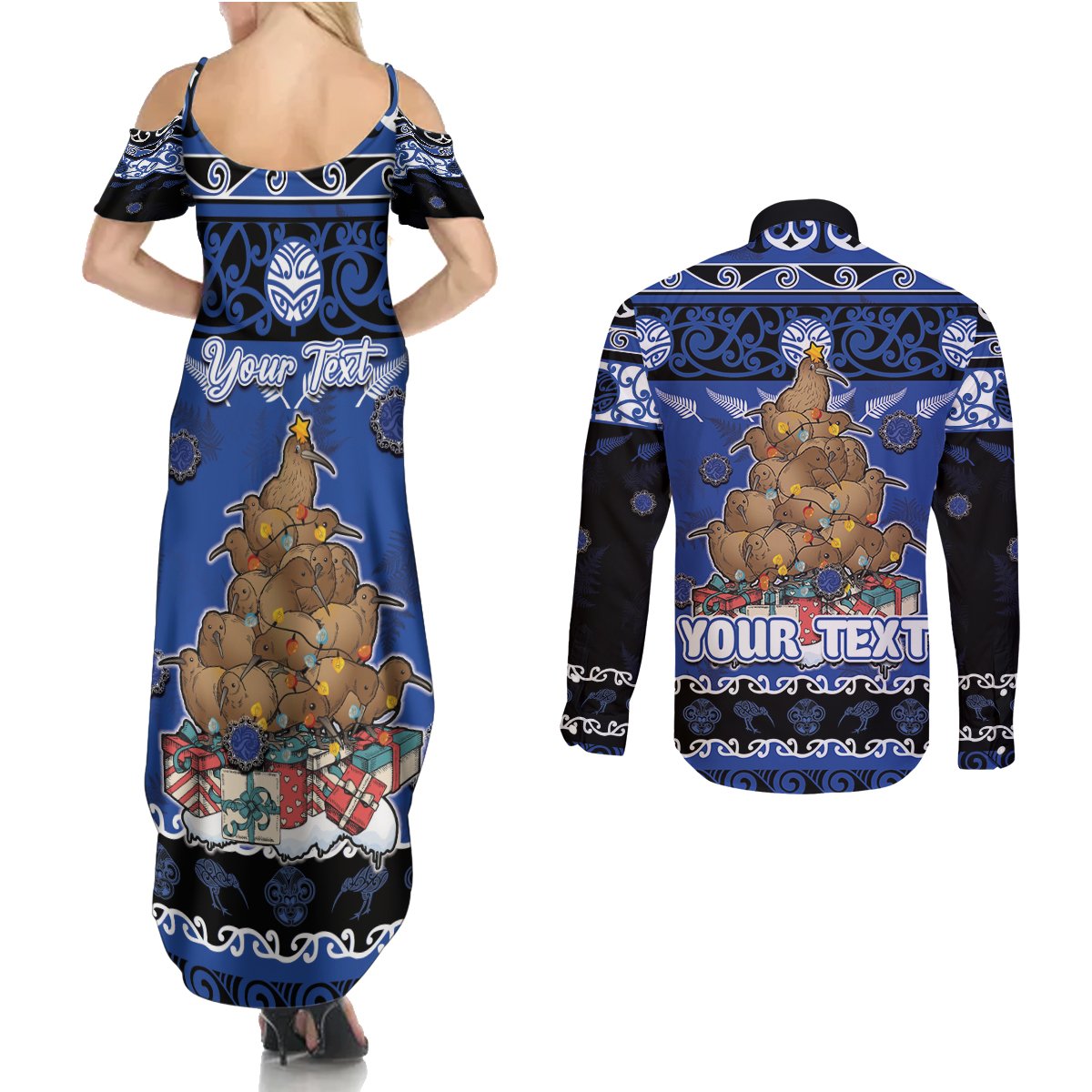 Personalised New Zealand July Christmas Couples Matching Summer Maxi Dress and Long Sleeve Button Shirt Maori Kiwi Xmas Tree - Blue