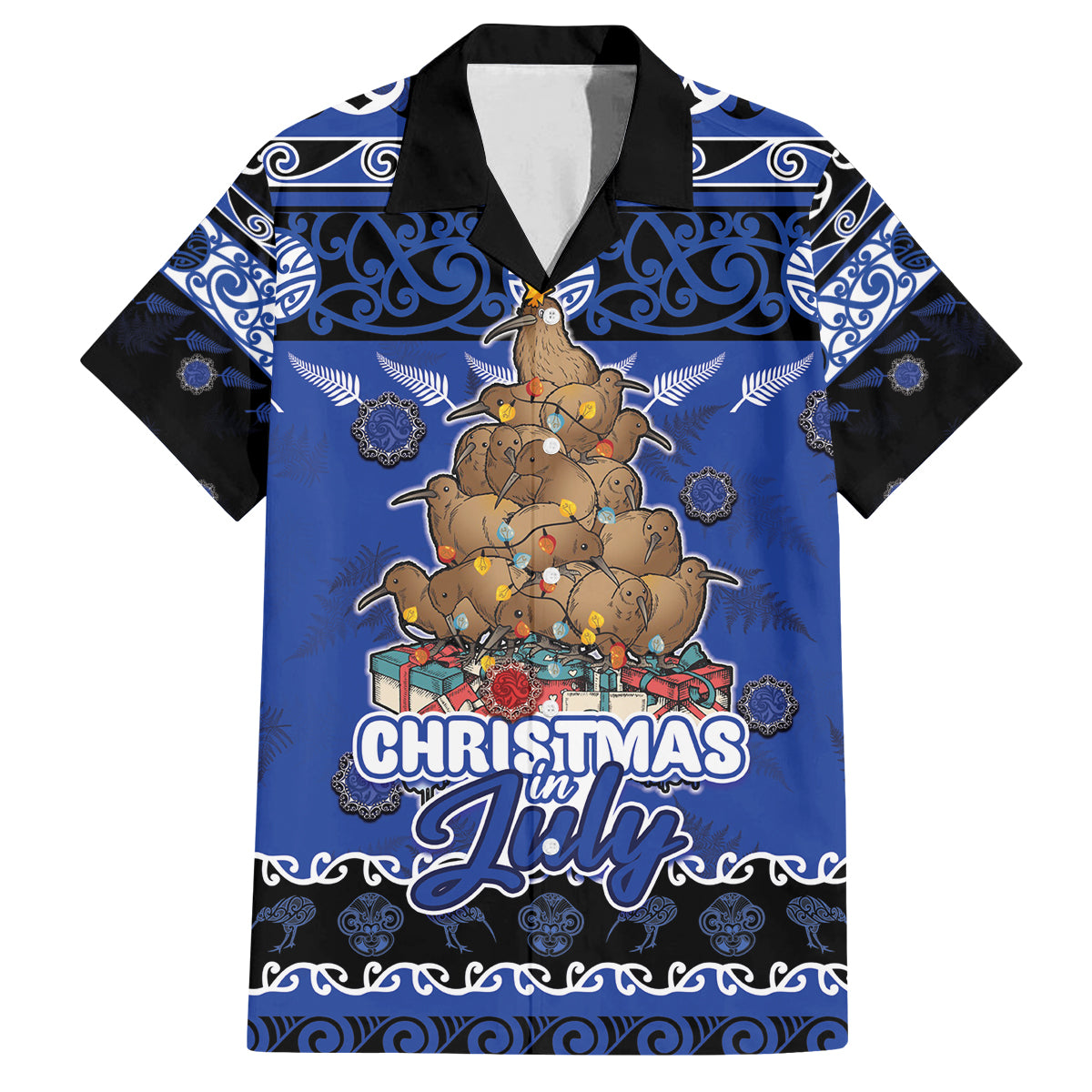 Personalised New Zealand July Christmas Family Matching Long Sleeve Bodycon Dress and Hawaiian Shirt Maori Kiwi Xmas Tree - Blue